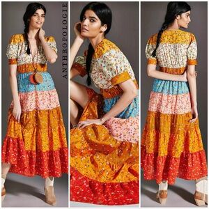 ANTHROPOLOGIE Colorful Bohemian Floral Tiered Peasant Short Sleeve Maxi Dress S